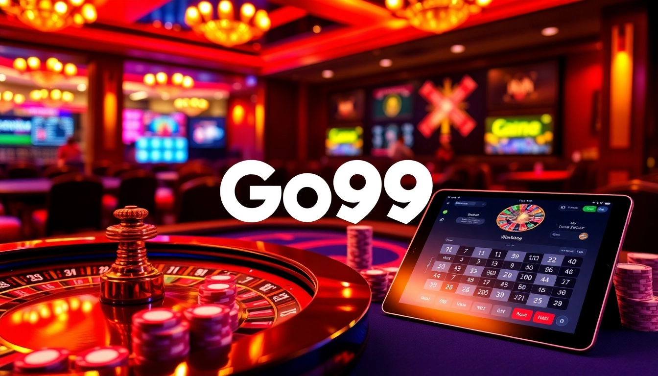 Engaging casino scene showcasing Go99 with poker chips and roulette table, highlighting excitement.