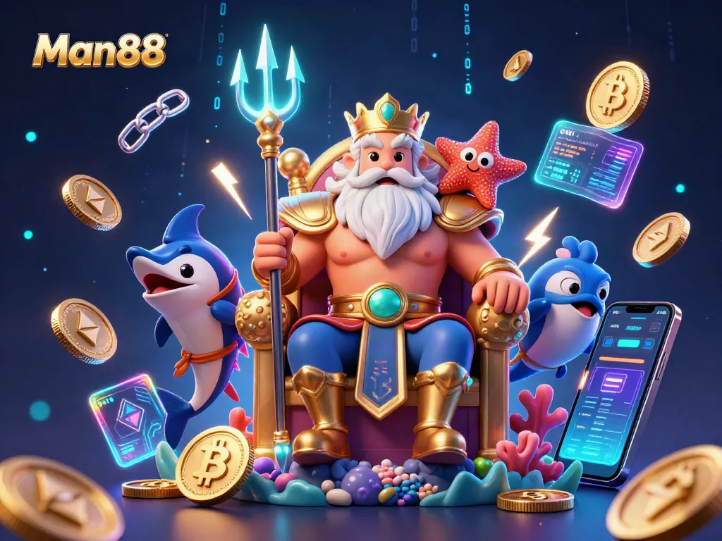 Experience thrilling wins with Man88's vibrant casino gaming, highlighted by Neptune and dazzling crypto elements.