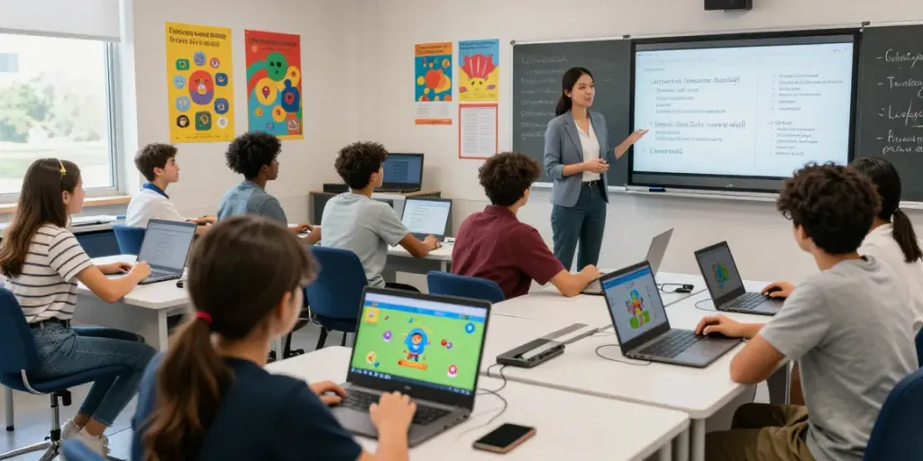 Students exploring rokok88 link login at a digital curriculum workshop, using laptops and tablets in a bright classroom.
