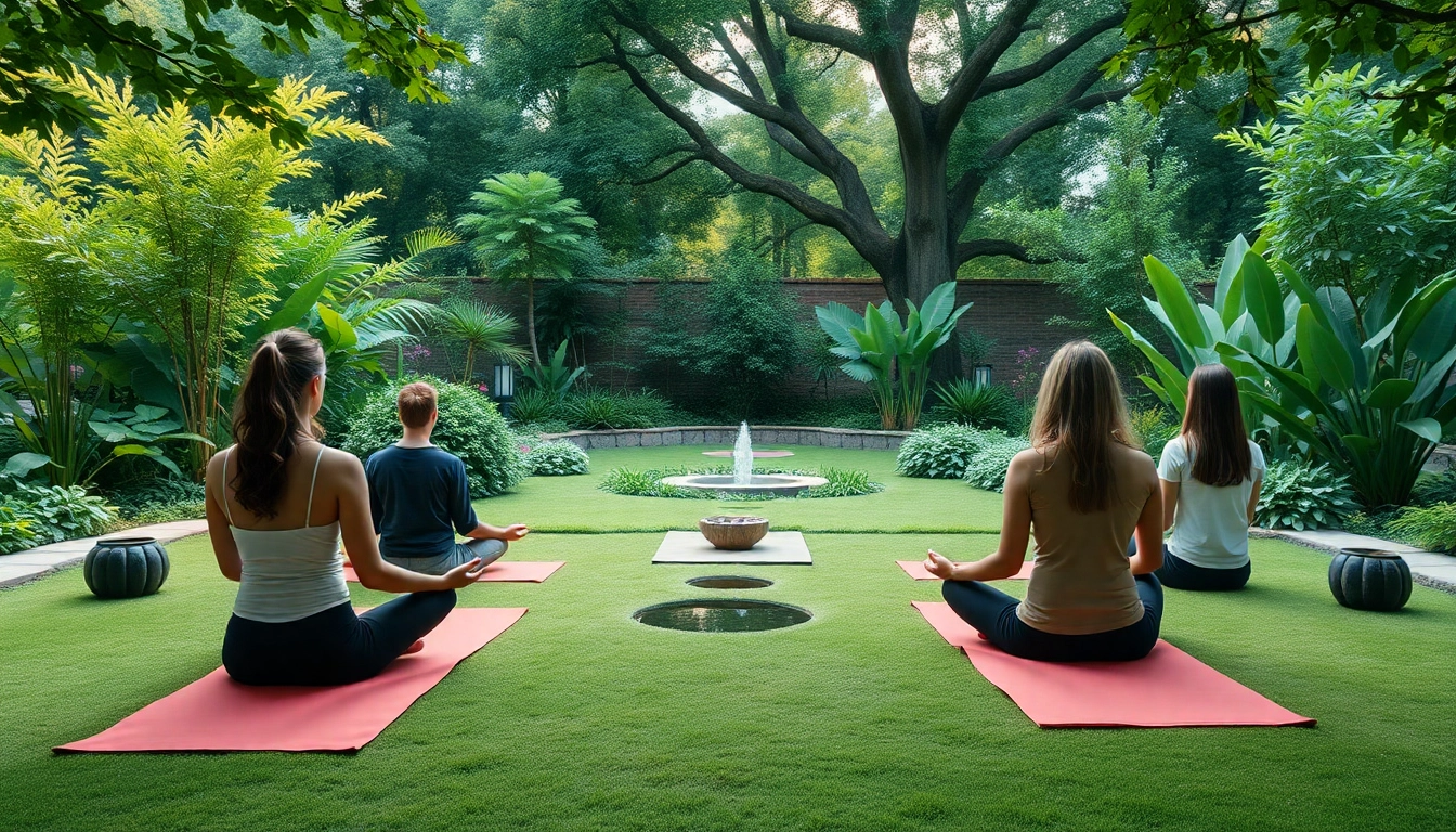 Besonders wichtiges spirituelles Seminar in einem ruhigen Garten mit Teilnehmern, die meditieren.