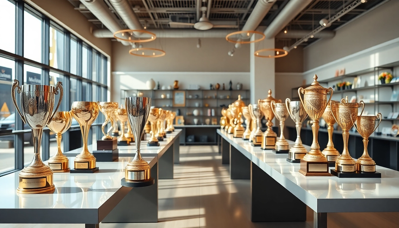 Pokale online bestellen in a sophisticated trophy showroom showcasing various elegant awards.