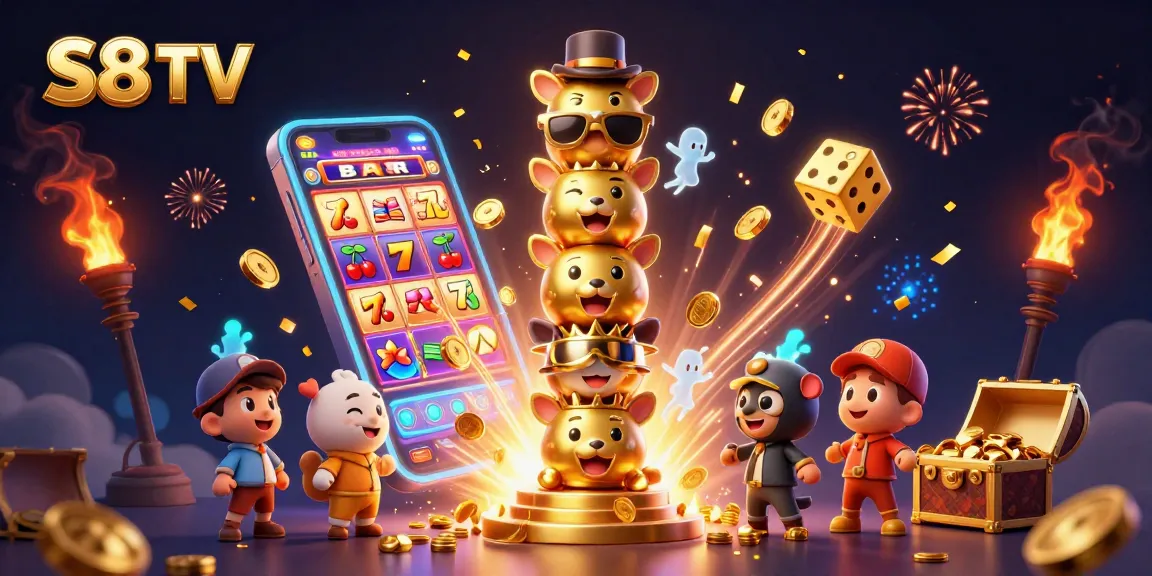 S8 TV's vibrant digital illustration showcases a golden totem pole surrounded by explosive casino game elements.