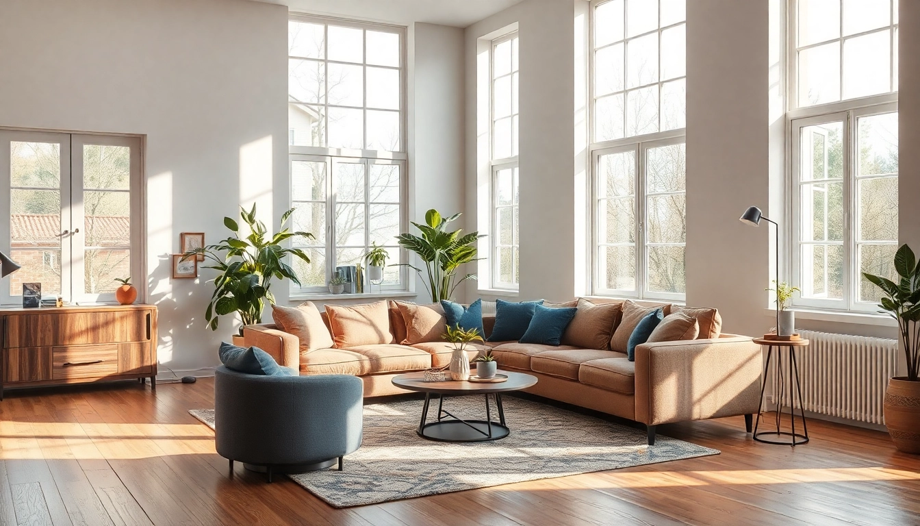 Raumgestaltung mit stilvollem Sofa und sanften Farben im modernen Wohnambiente.