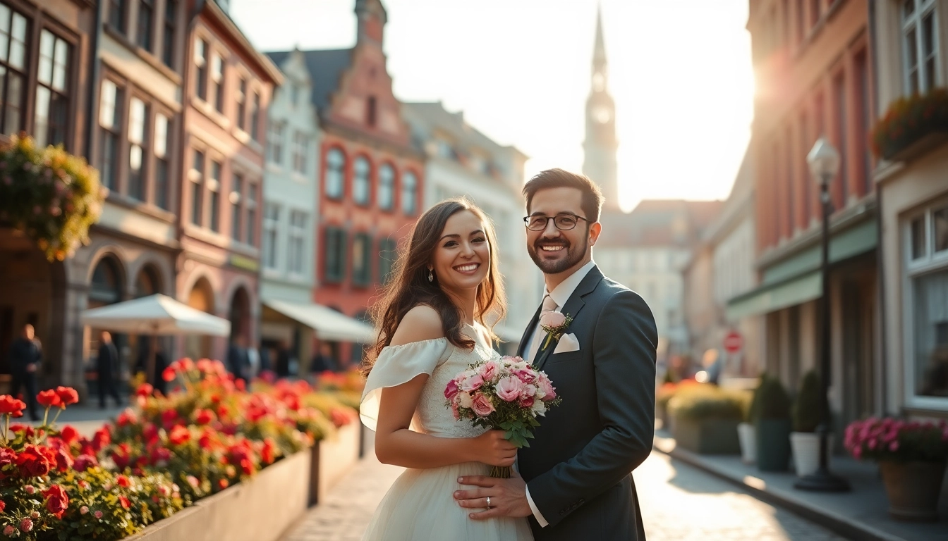 Hochzeitsfotograf Düsseldorf Yvonne Miss fotografiert ein glückliches Paar im Düsseldorfer Stadtzentrum.