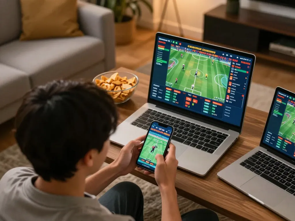 Engaged bettor using 58win app for live sports betting in a cozy home setting