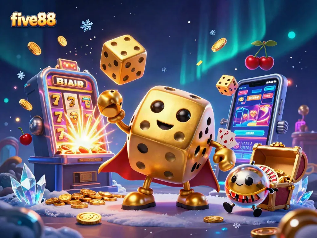 Experience the thrill of five88 at this vibrant casino illustration featuring dynamic 3D characters and gaming action.