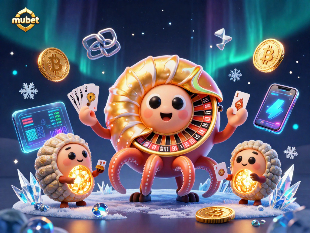 Experience the vibrant energy of mubet with a giant nautilus and glowing crypto-themed elements.