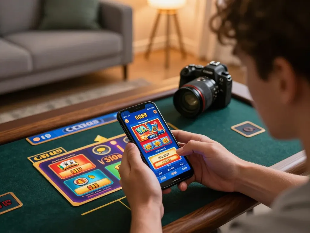 Player exploring GG88 casino app on smartphone in a cozy home setting, illustrating mobile gambling convenience.