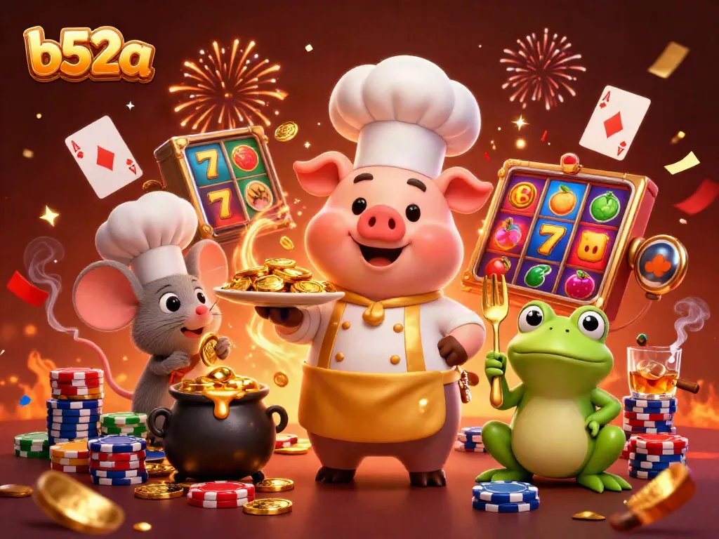 The chef pig serves gold coins in a vibrant casino setting, showcasing b52a gaming excitement.