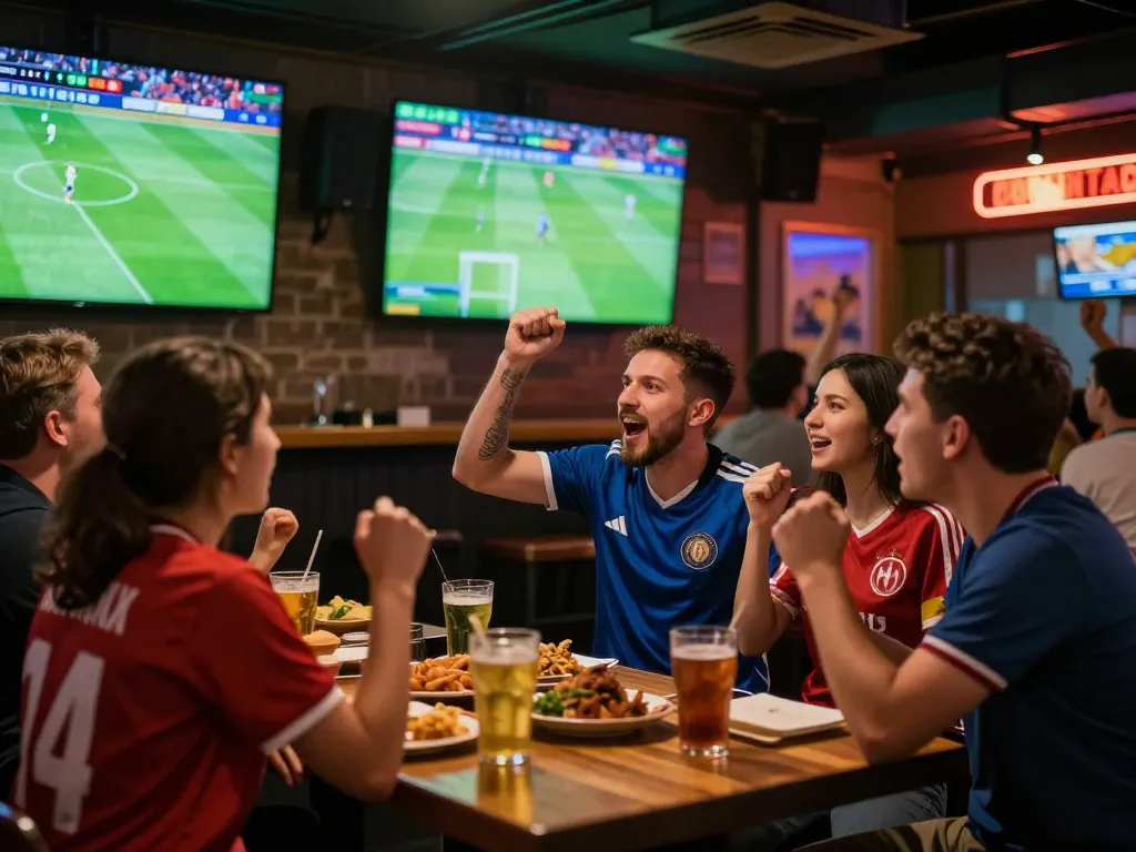 Soccer fans placing bets and celebrating in a vibrant sports bar atmosphere during live matches.