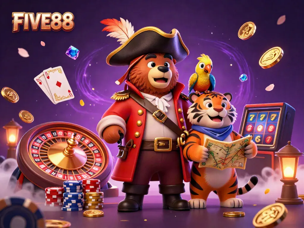 Experience the excitement of FIVE88 casino with a vibrant scene featuring a pirate bear and tiger first mate amid cascading coins and a spinning roulette.