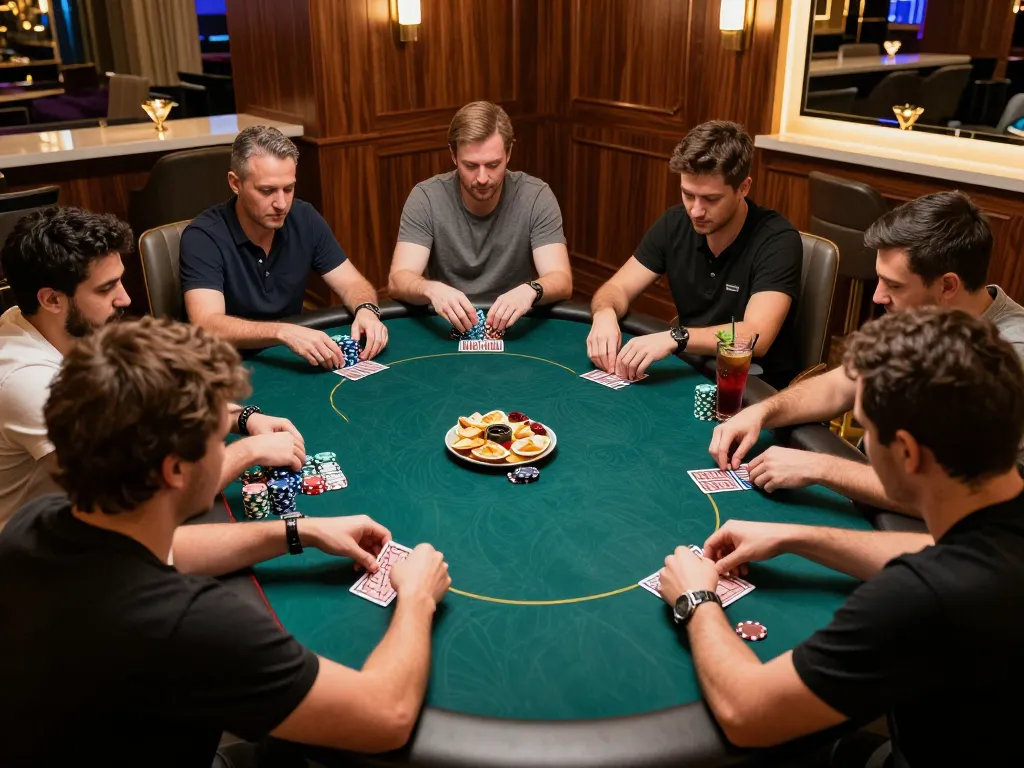 Intense poker gameplay at 78winvina's exclusive private lounge, showcasing stacked chips and focused players.