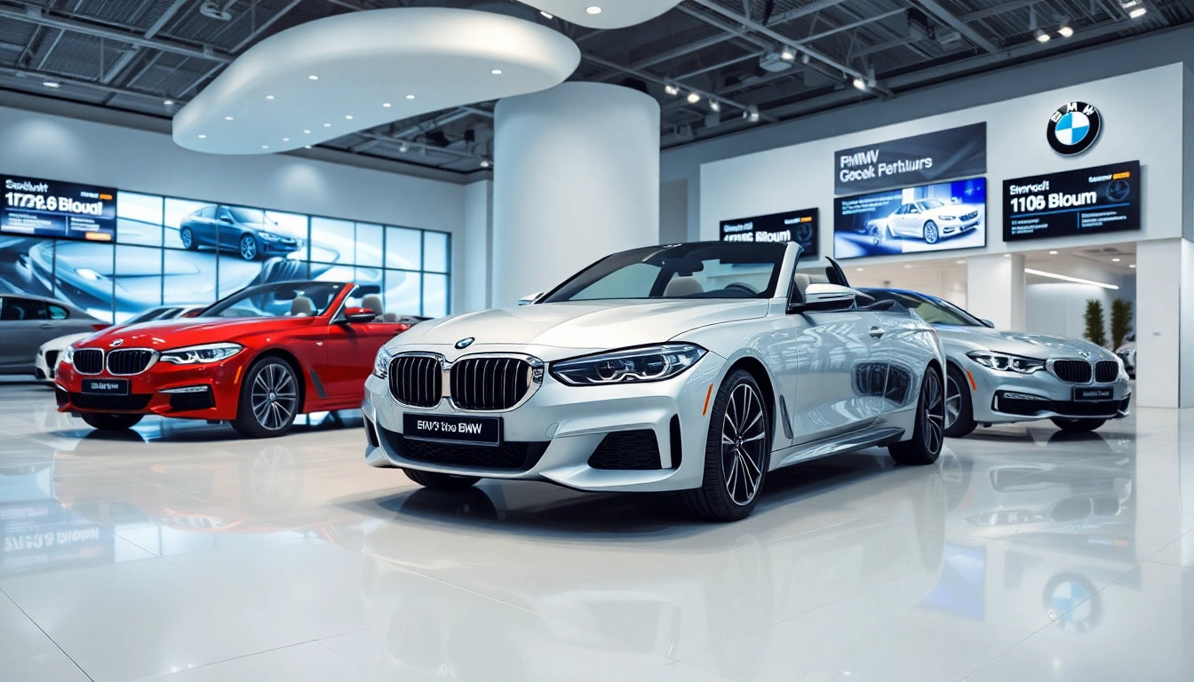BMW kaufen: Attraktive Modelle in modernem Showroom präsentieren.
