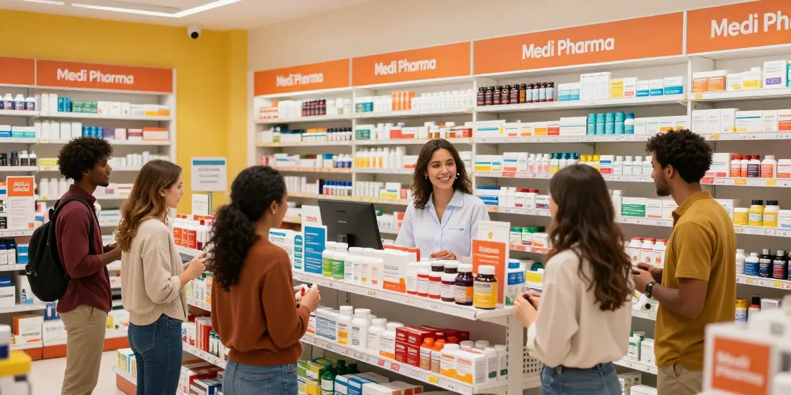 Kunden, die mit freundlichem Personal im Medi Pharma Shop interagieren und Gesundheits- und Wellnessprodukte erkunden.