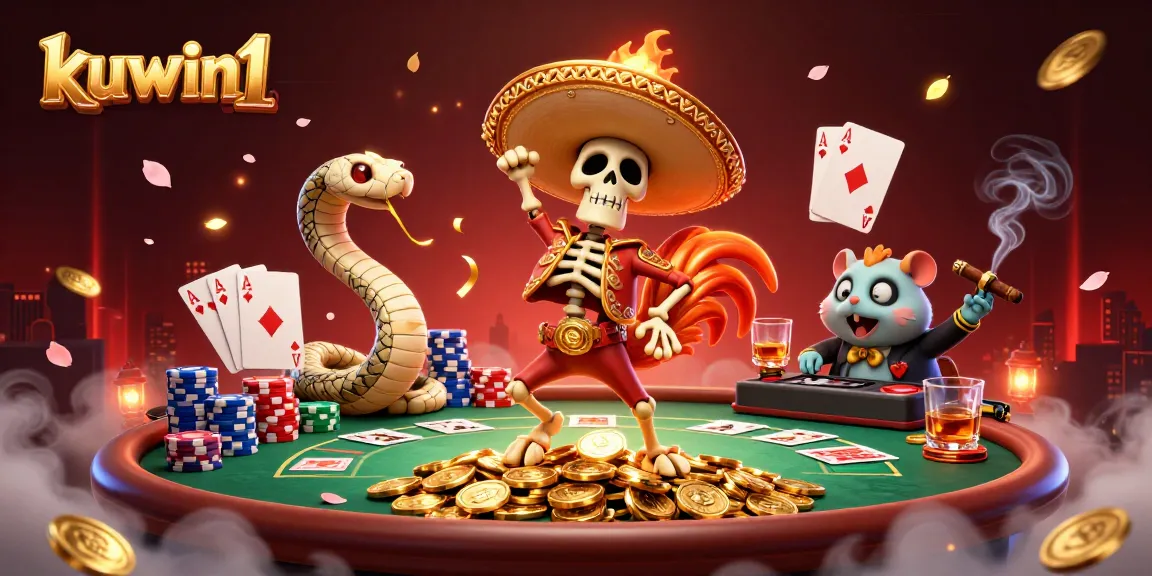 Kuwin1 engages with thrilling poker and casino atmosphere featuring vibrant characters and gold coins.