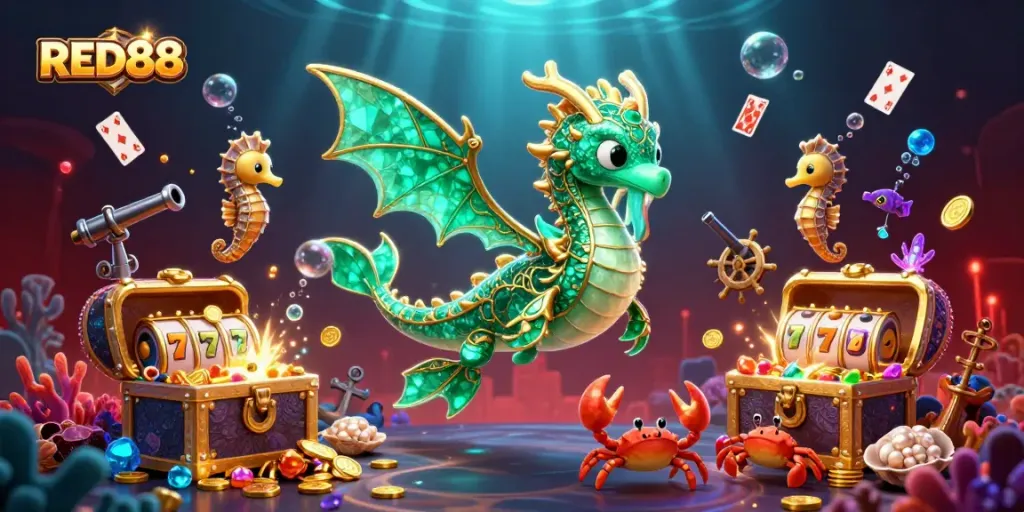 Experience the thrill of RED88's underwater casino adventure with vibrant dragons and gold treasures.
