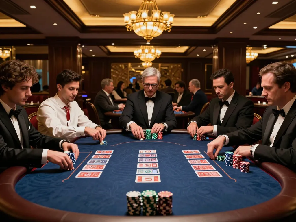 uu88 poker game with players strategizing, elegant table setting in a luxurious casino atmosphere.