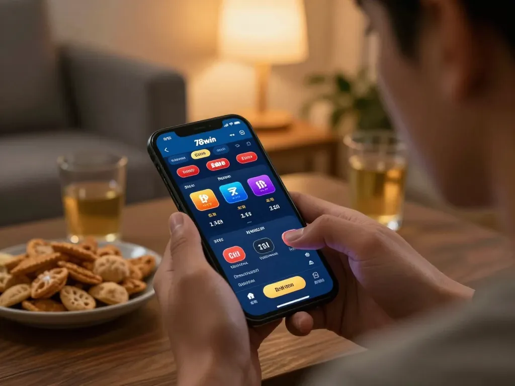Engaging with 78win app during live betting at home for enhanced gaming experience.