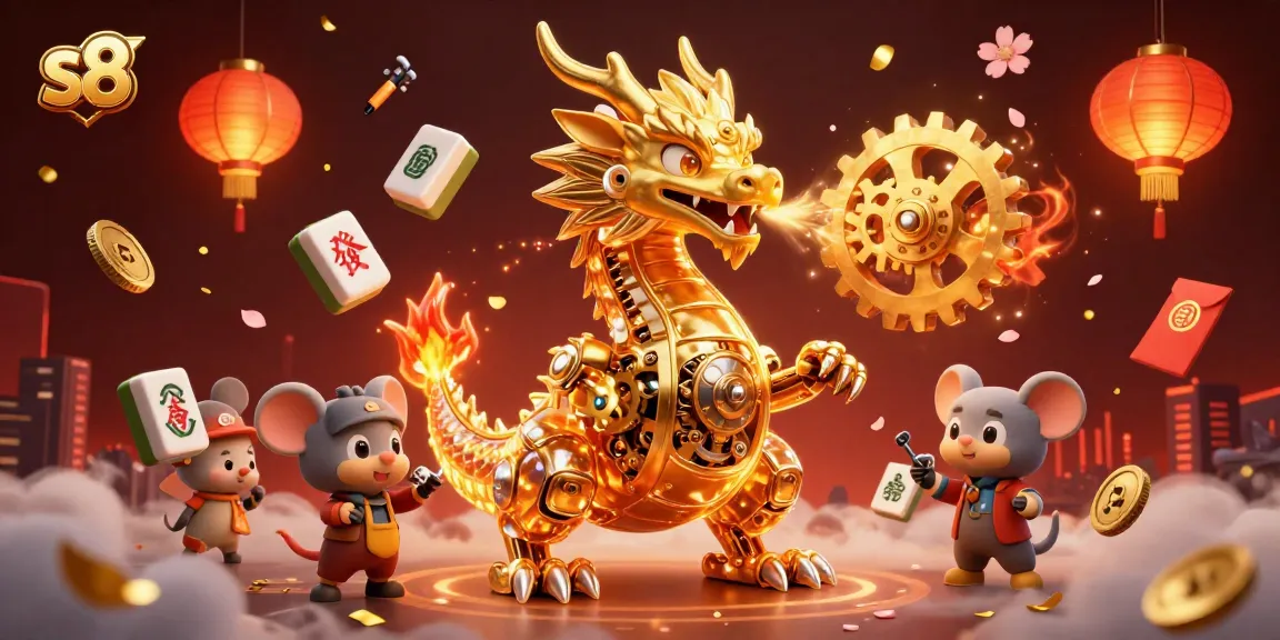 Engage in thrilling casino action with s8 featuring a mechanical dragon amidst festive motifs.
