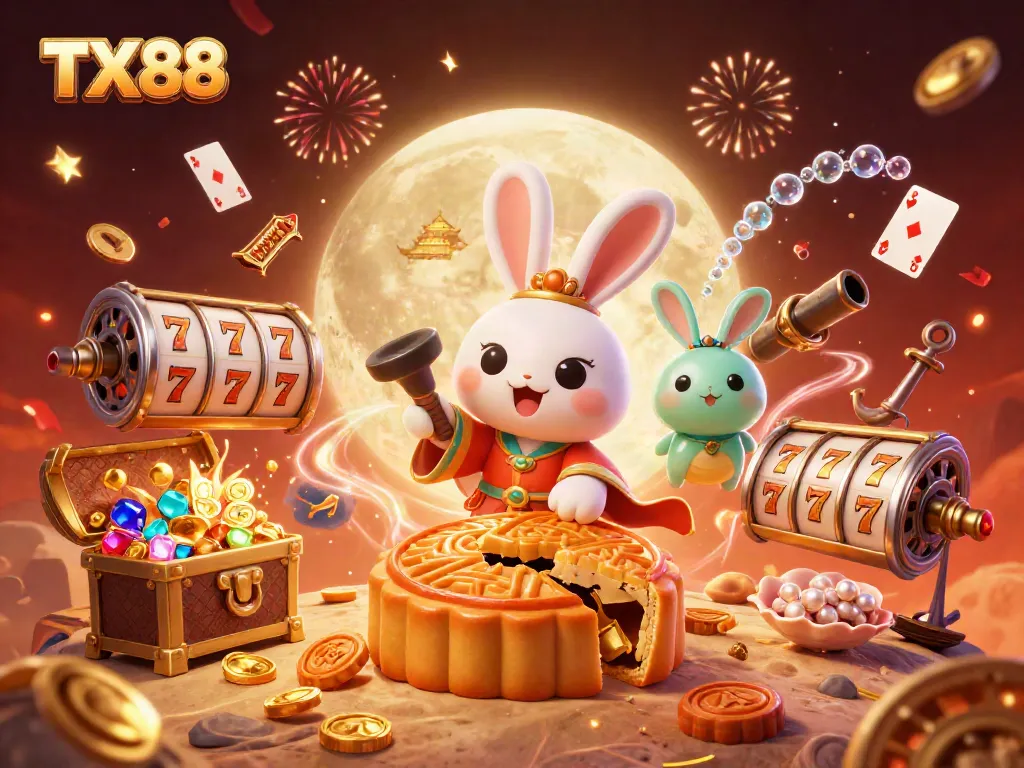 Experience the excitement of TX88 casino with a unique 3D illustration featuring a moon rabbit amidst vibrant gaming elements.