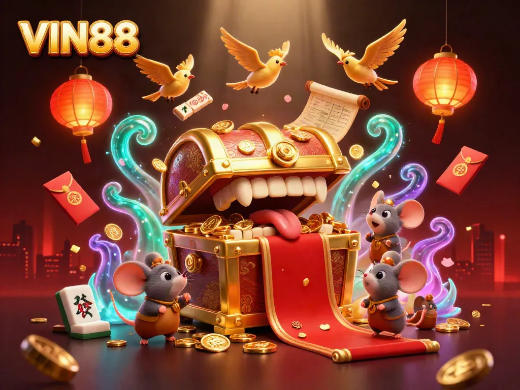 Spin the reels at VIN88's vibrant online casino featuring treasure chests and golden symbols.