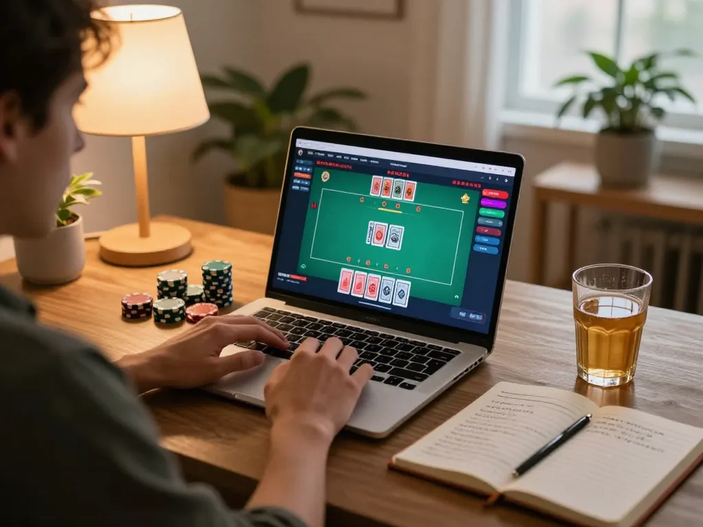 Engaged player enjoying go99 online blackjack session using laptop at home, warm lighting creating inviting atmosphere.