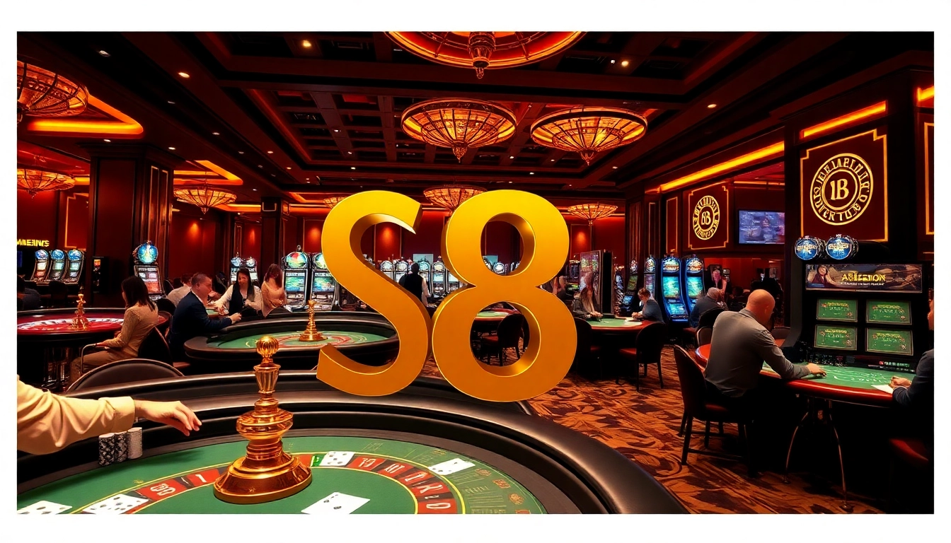 S8 casino scene showcasing players at roulette and blackjack tables with vibrant atmosphere
