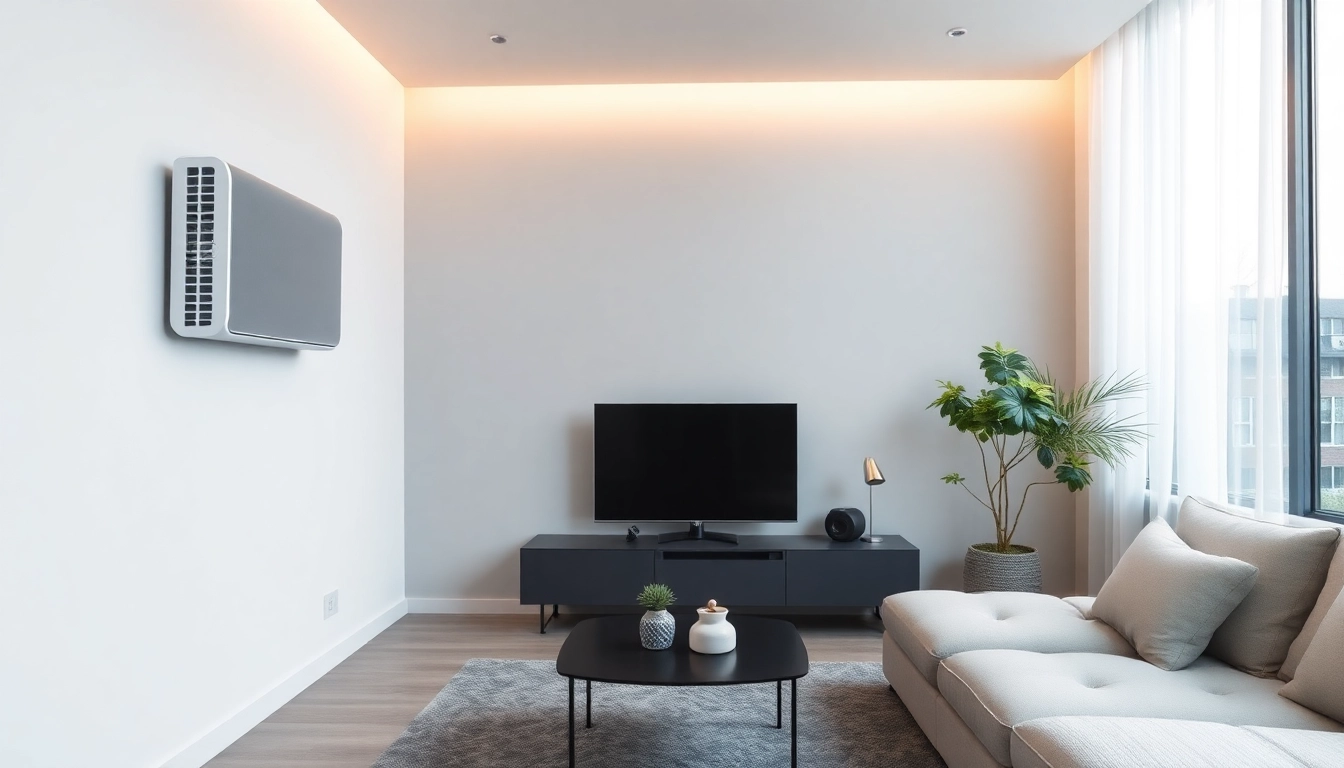 Details zu Klima kosten, moderne Klimaanlage an der Wand im Wohnzimmer entblößt, stilvolles Design und warme Farbpalette.