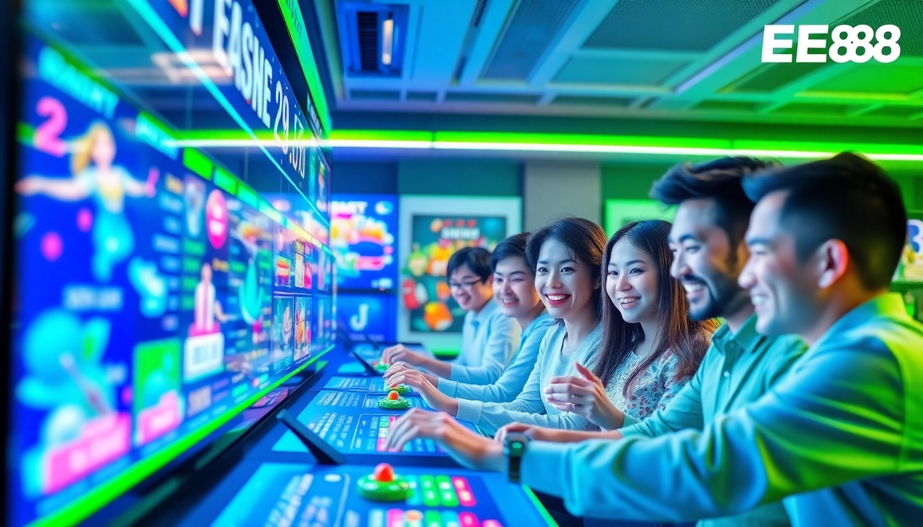 Engaging online gaming scene at Nhà cái EE88 showcases vibrant 3D interface and happy players.