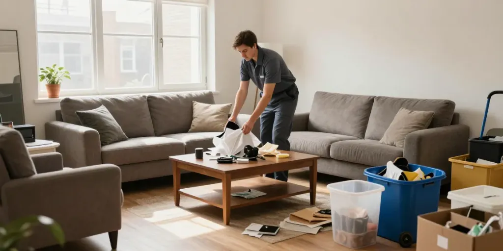 Wohnungsentrümpelung Berlin: Professioneller Entrümpler organisiert Wohnzimmer mit alten Möbeln und Kisten, schafft Ordnung und Übersichtlichkeit.