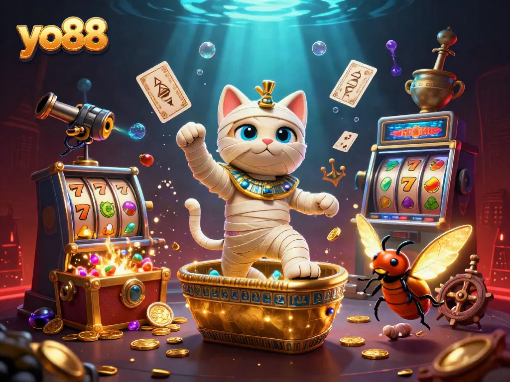 Experience the thrilling world of yo88 with a vibrant scene featuring Egyptian characters, slot game elements, and gold treasures.