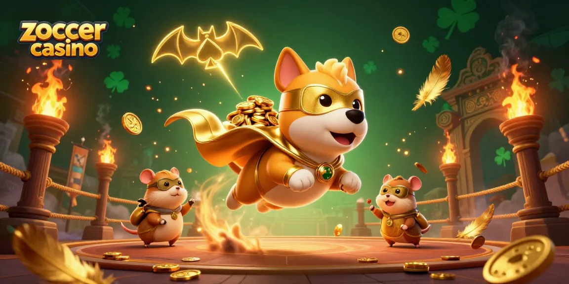 Experience the thrill of zoccer casino with a superhero dog and hamster in a vibrant casino scene.