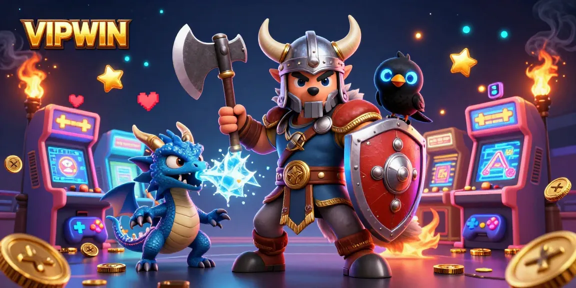 Experience exciting gaming at VIPWIN with a Viking warrior, dragon, and dynamic casino elements.