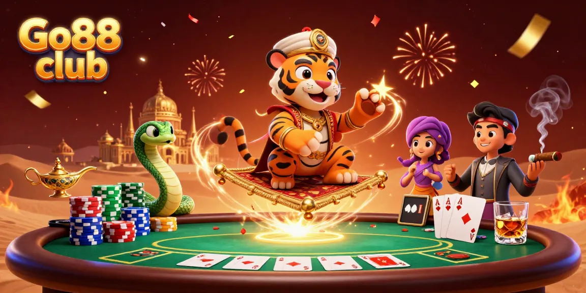 Join the action at Go88 club with this vibrant 3D casino illustration featuring luxurious games and inspired characters.