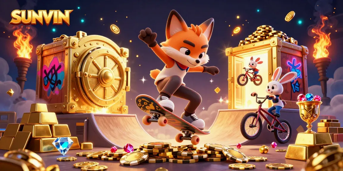 SUNVIN casino-themed 3D illustration showing a skateboarder fox performing tricks among vibrant gaming symbols and treasure.
