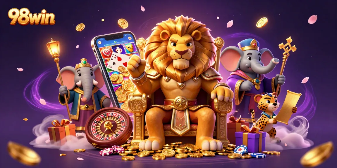 Experience the excitement of 98win with a king, advisor, and messenger in a vibrant casino scene.