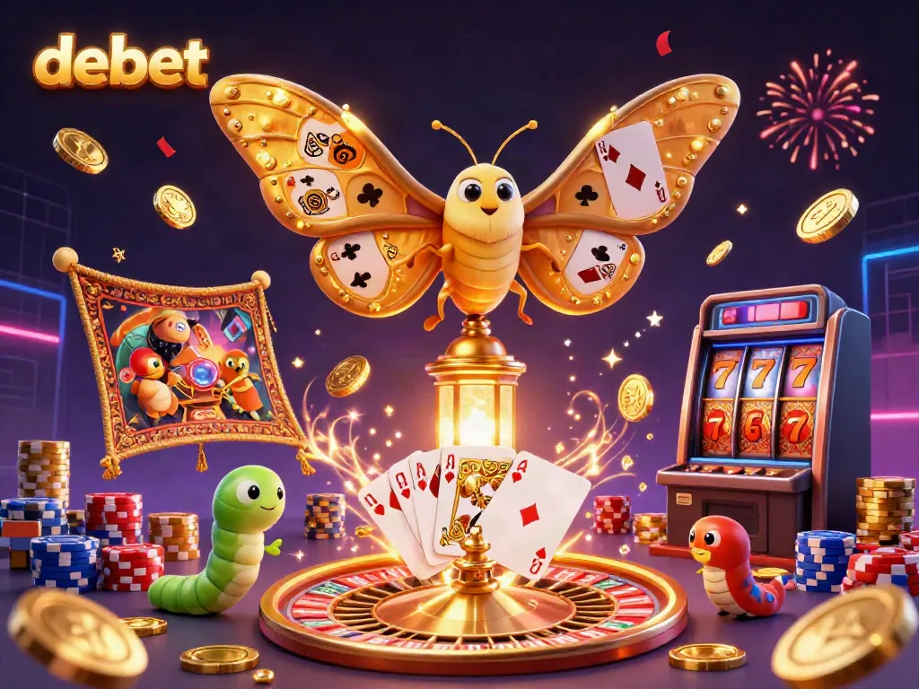 Experience the vibrant debet casino world with golden coins, cartoon moths, and colorful poker chips in action.