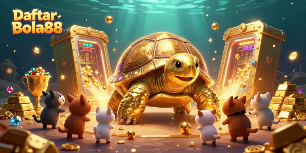 Engage in gambling excitement with Daftar Bola88, featuring a vibrant scene of a giant tortoise pinball machine and golden treasures.