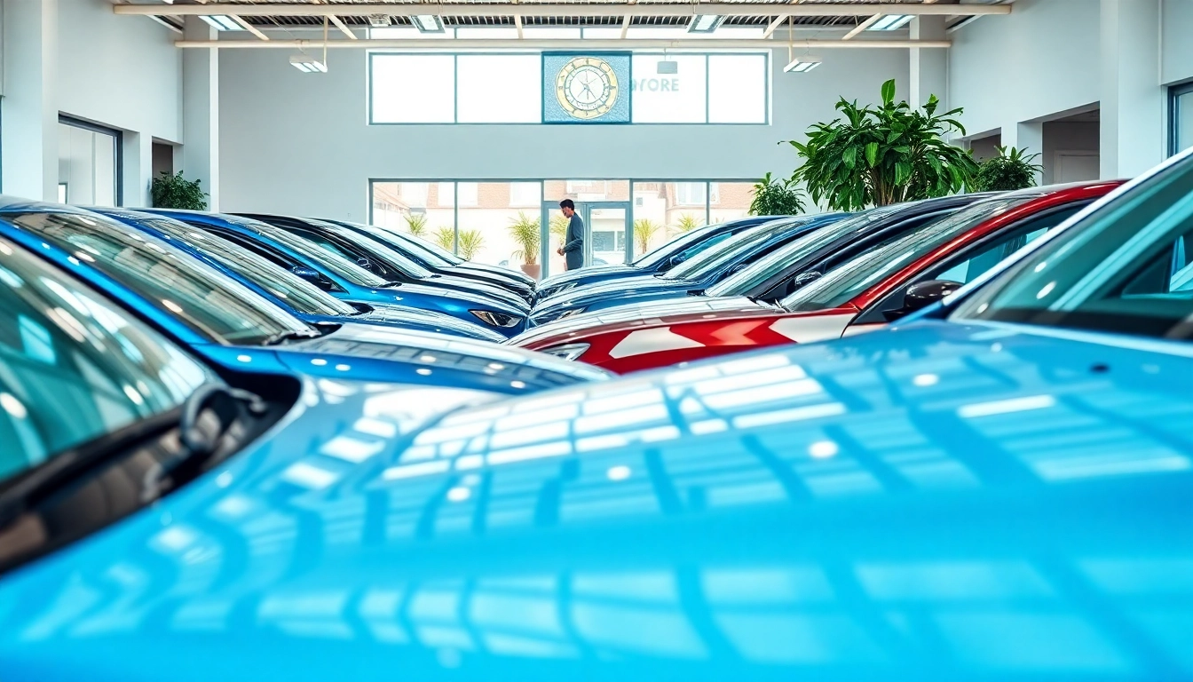 Auto kaufen in einem modernen Autohaus mit glänzenden Fahrzeugen in heller Beleuchtung.