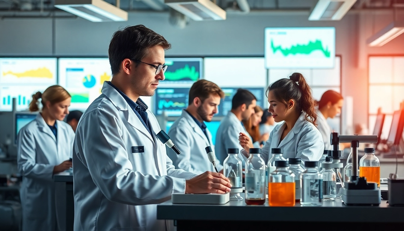 Umweltforschung im Labor mit Forschern, die Proben analysieren und Daten auswerten.