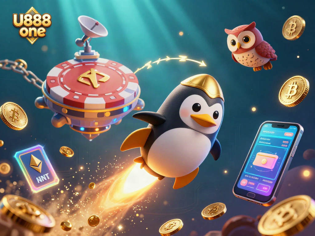 Experience the thrilling U888 one casino world with our vibrant 3D rocket penguin blasting coins, showcasing crypto elements.