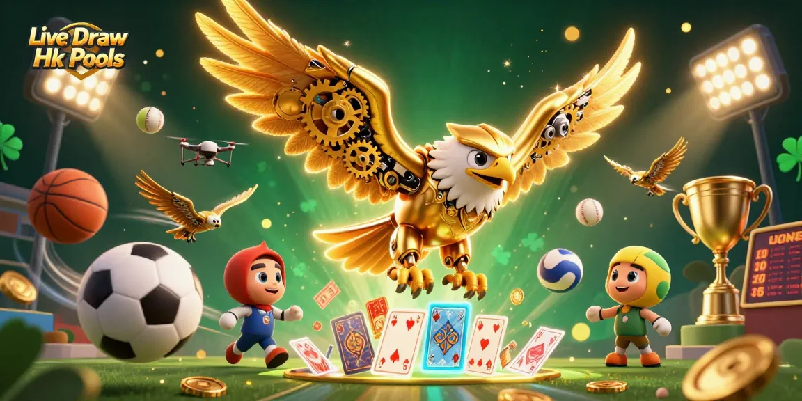 Experience the excitement of Live Draw Hk Pools with a stunning illustration of a cybernetic eagle amidst a dynamic casino backdrop.