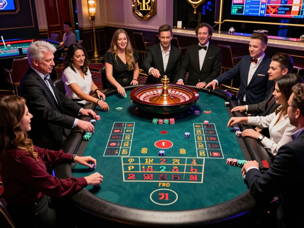 Experience high-stakes excitement at EA77's live casino with a spinning roulette wheel and engaged players.