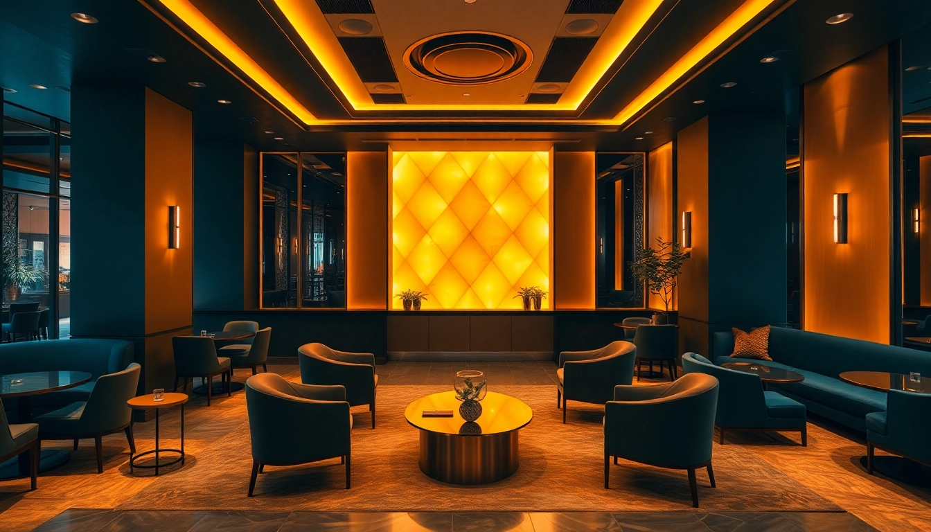 Experience luxury in a sophisticated lounge setting featuring plush furnishings and ambient lighting.