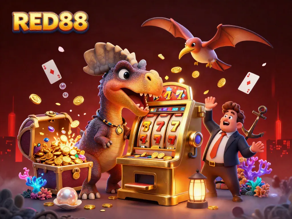RED88 features dynamic casino action with a cartoon dinosaur and a golden slot machine paying out coins.