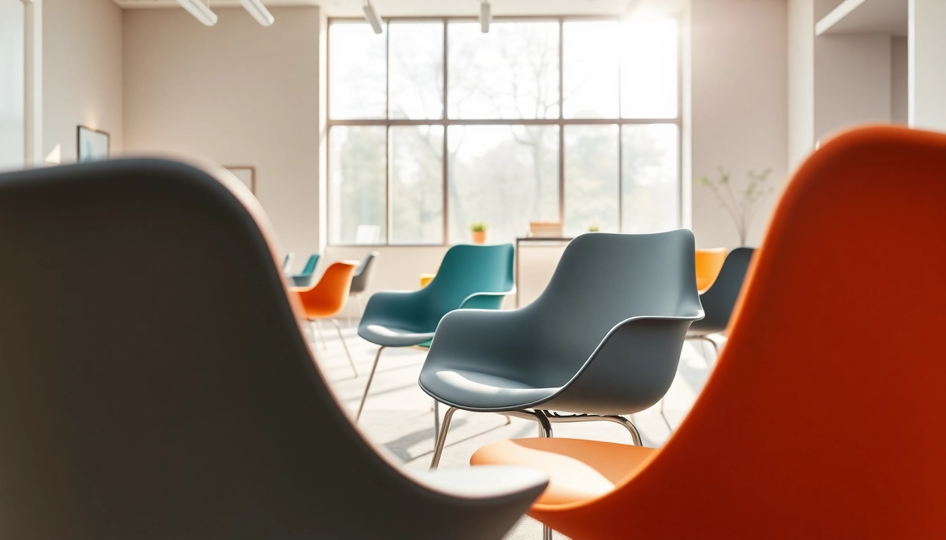 Refurbished Vitra Stühle in eleganter Ausstellung mit sanften Farben und natürlichem Licht.