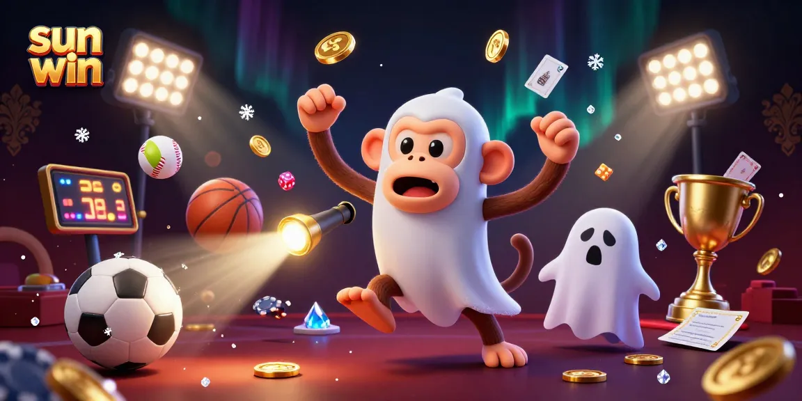 Sun win showcases a spirited scene with a ghost-hunter puppy tracking a poltergeist monkey amidst dynamic gambling elements.