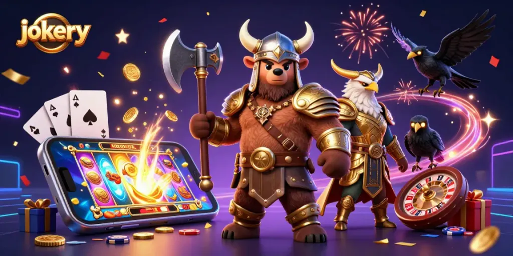Experience jokery action with a vibrant Viking and Valkyrie in an engaging casino scene.