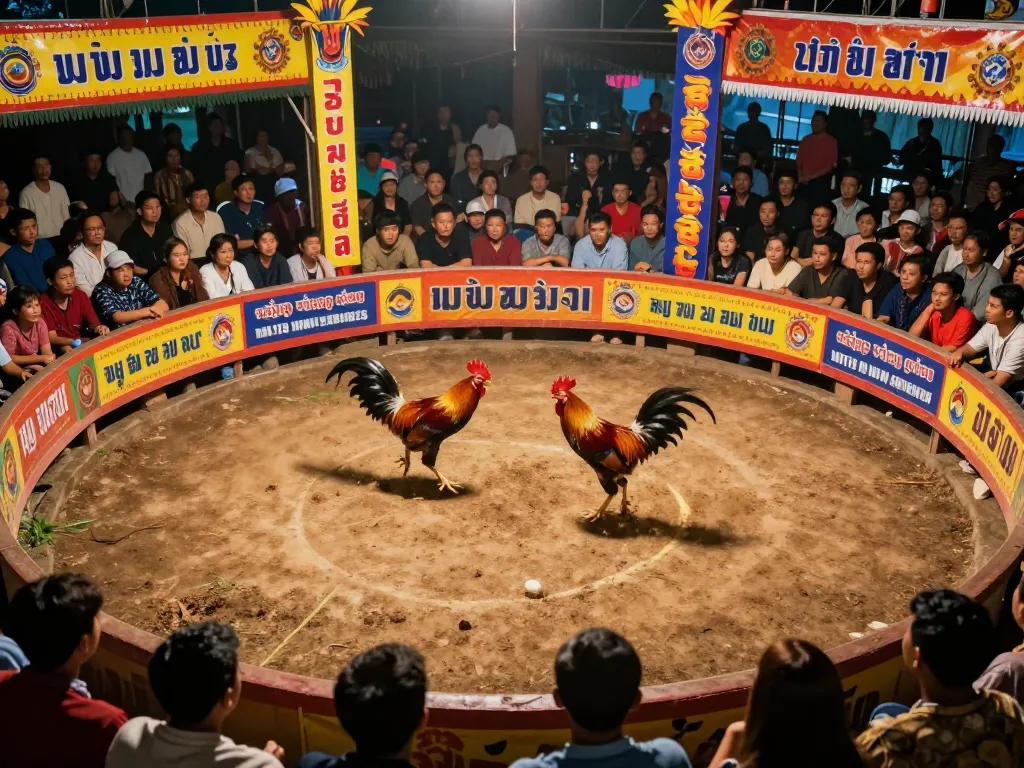 Witness the excitement of đá gà trực tiếp as roosters compete fiercely with an engaged audience watching.