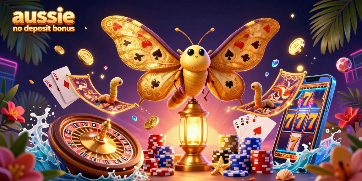 Experience the excitement of the aussie no deposit bonus with vibrant casino elements and characters in a captivating illustration.